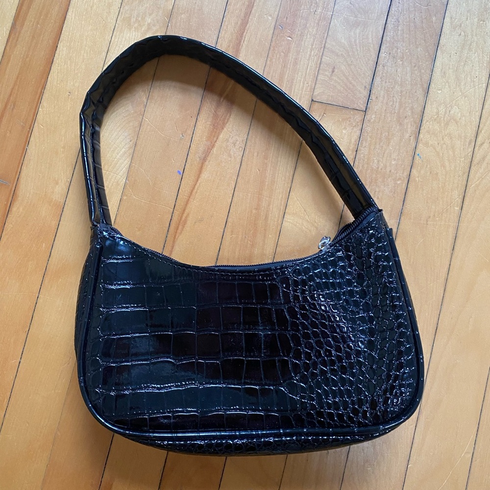 Black Crocodile-Embossed Shoulder Bag